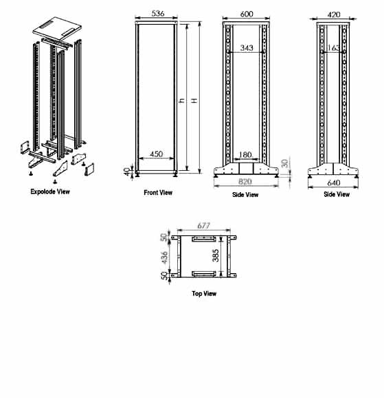 Технический эскиз 19" открытой монтажной стойки Estap EcoFrame: